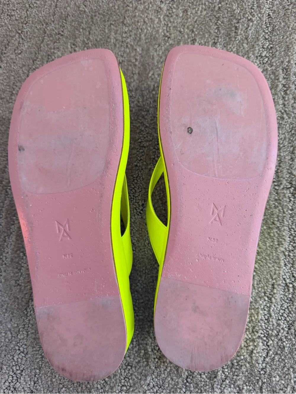 Amina Muaddi Neon Yellow Square-Toe Flip Flop Sandals